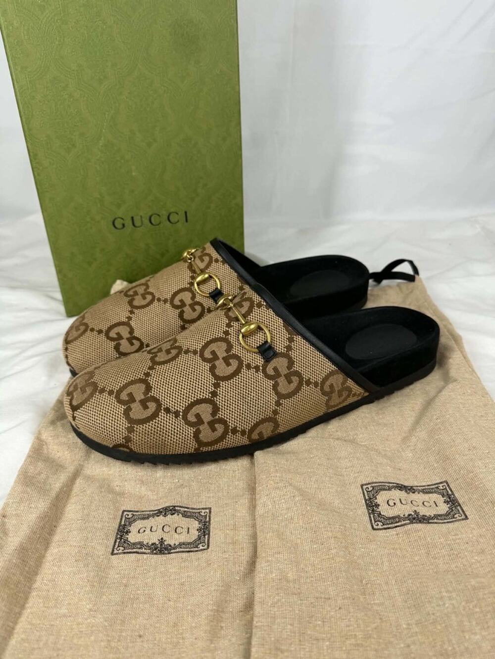 Gucci GG Supreme Maxi Horsebit Mules Canvas Slippers US 13.5 SPB-TS 371578